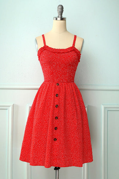 Rotes Vintage-Blumenkleid mit Knopf