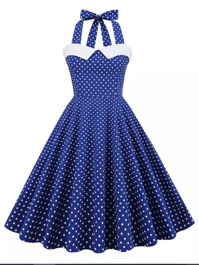 Blaues Kleid mit weißen Polka Dots Vintage