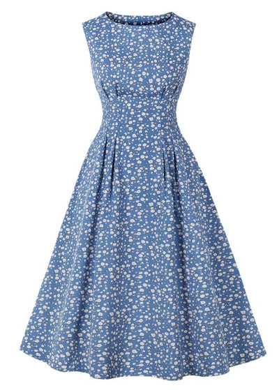 Vintage Flare Kleid Blau Weiße Blumen