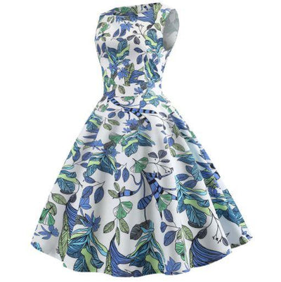 Ausgestelltes Vintage-Kleid mit blauen Blumen