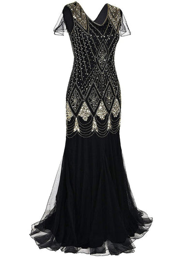 Schwarzes und goldenes Haute Couture Langes Gatsby-Kleid