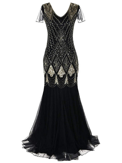 Schwarzes und goldenes Haute Couture Langes Gatsby-Kleid