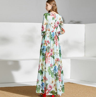 Grünes Vintage-Maxikleid mit Blumenmuster