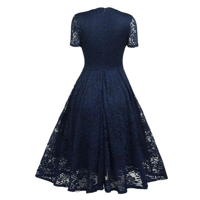 Marineblaues Vintage-Spitzenkleid mit V-Ausschnitt