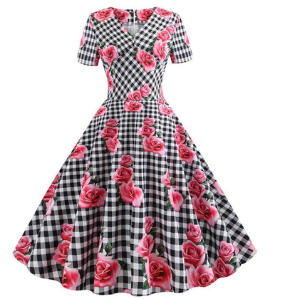 Schwarz kariertes romantisches Vintage-Kleid