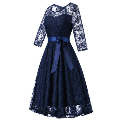 Vintage blaues Langarm-Abendkleid