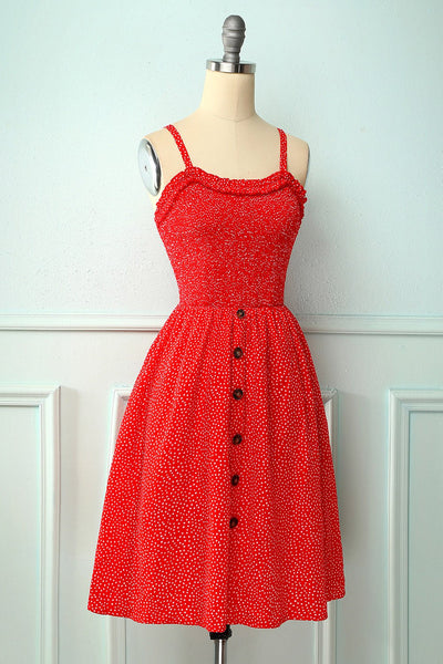 Rotes Vintage-Blumenkleid mit Knopf