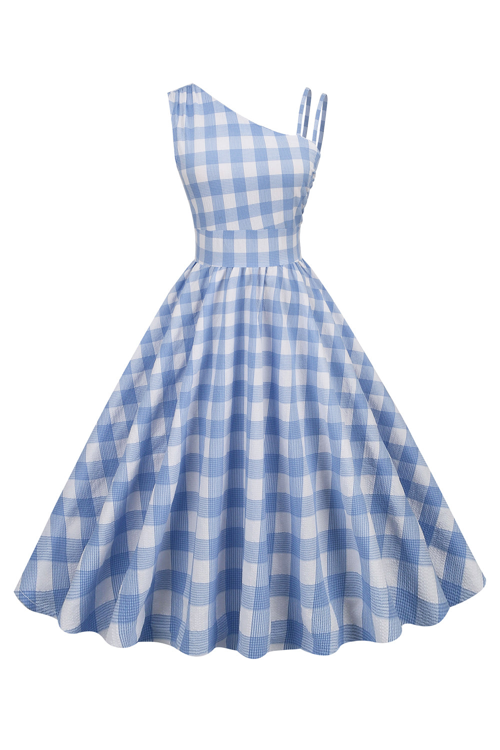 Asymmetrisches Vintage-Kleid mit blauem Karomuster