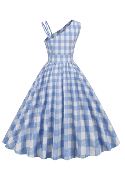 Asymmetrisches Vintage-Kleid mit blauem Karomuster