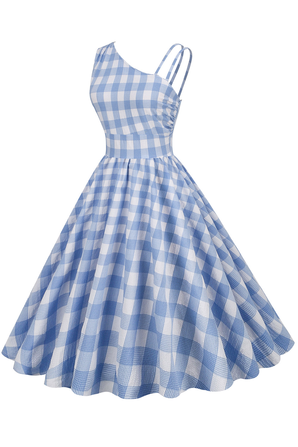 Asymmetrisches Vintage-Kleid mit blauem Karomuster
