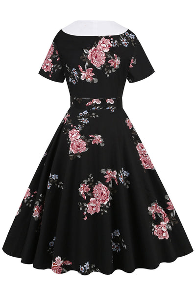 Schwarzes Vintage-Kleid mit Blumendruck und Gürtel