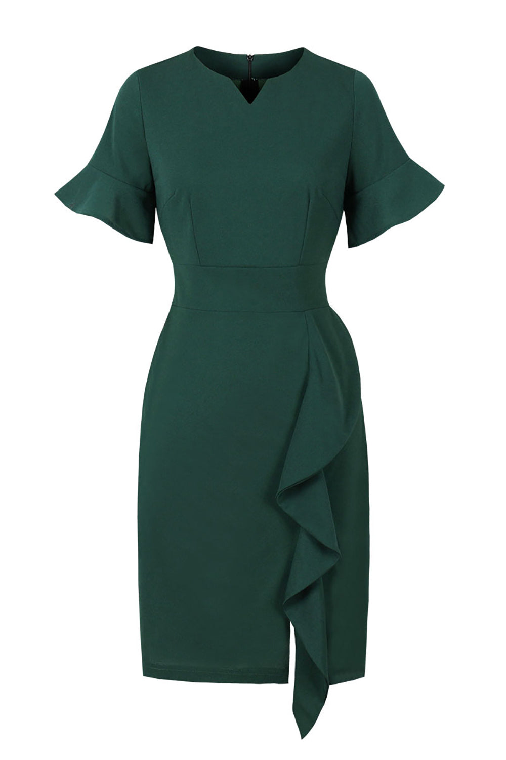 Dunkelgrünes Kleid mit Vintage-Rüschen