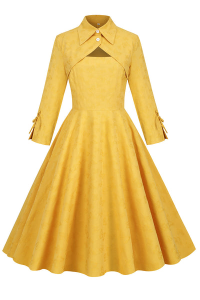 Gelbes Vintage-Kleid mit Umlegekragen