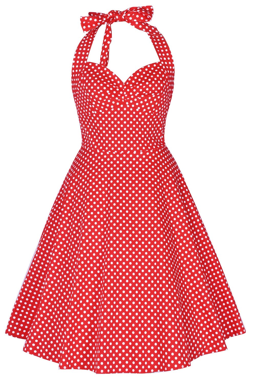 Rotes gepunktetes Neckholder-Kleid im Stil der 50er Jahre