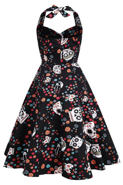 Vintage-Halloween-Kleid mit Totenkopfmuster