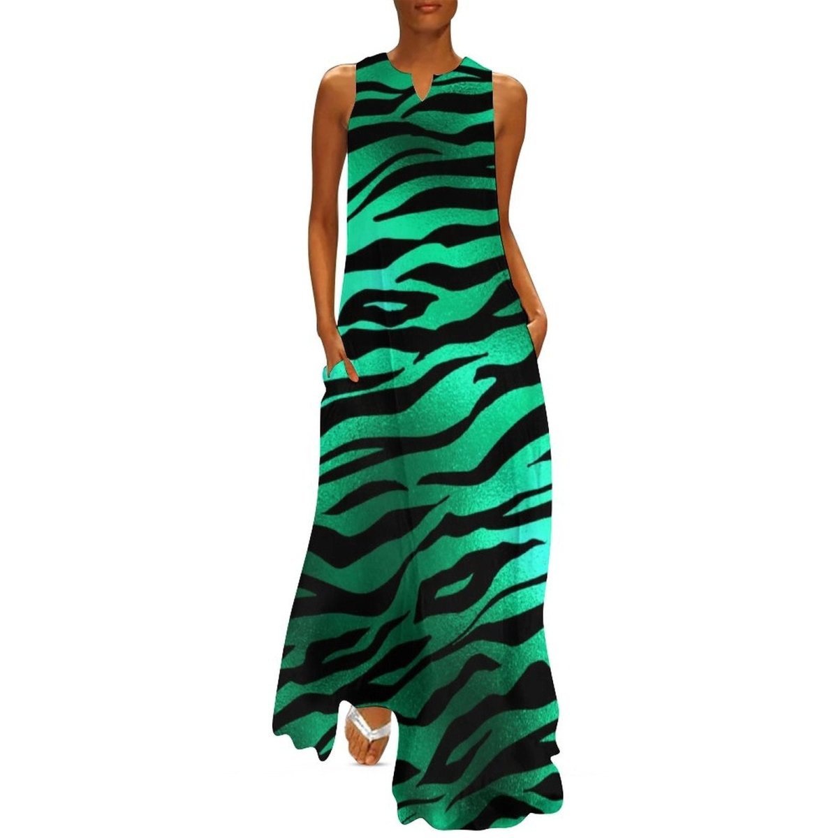 Vintage 70er Jahre Schwarzes und Grünes Kleid