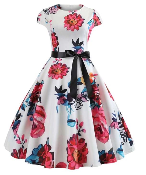 Weißes und rosa Vintage-Flare-Kleid