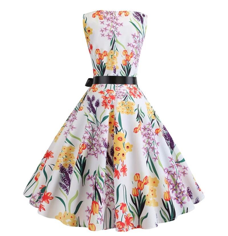 Weißes Vintage-Flare-Kleid mit heißen Blumen