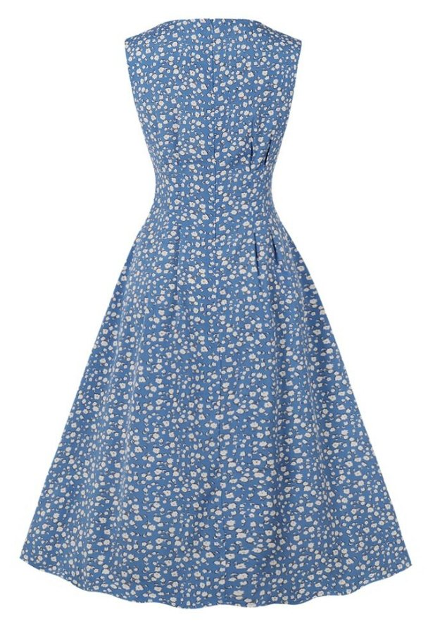 Vintage Flare Kleid Blau Weiße Blumen