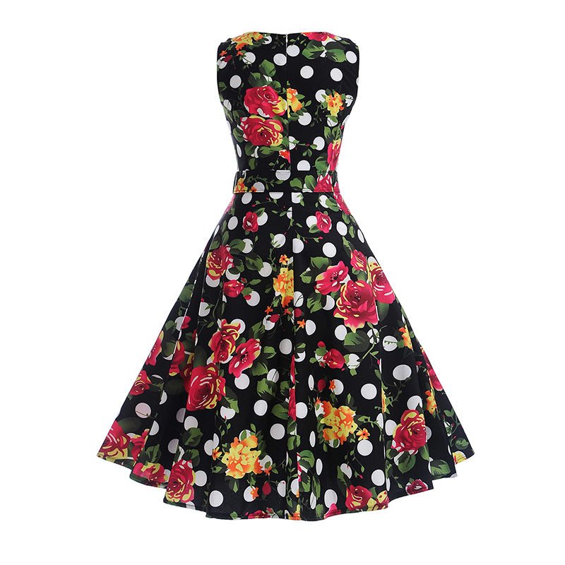 Vintage Navy Polka Dot Floral ausgestelltes Kleid