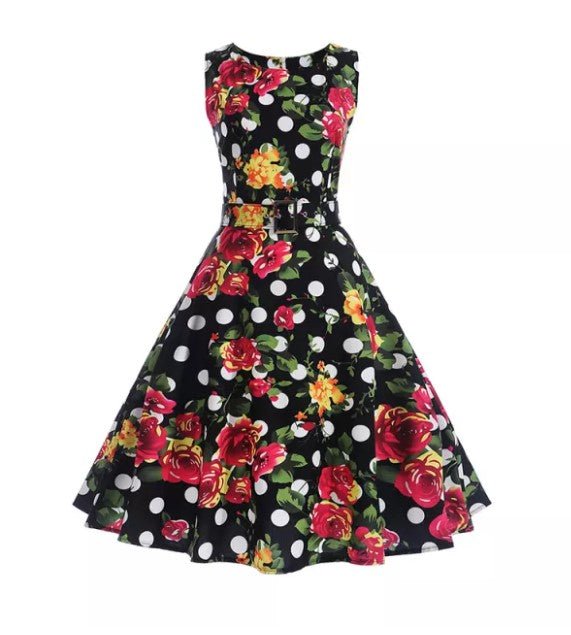 Vintage Navy Polka Dot Floral ausgestelltes Kleid