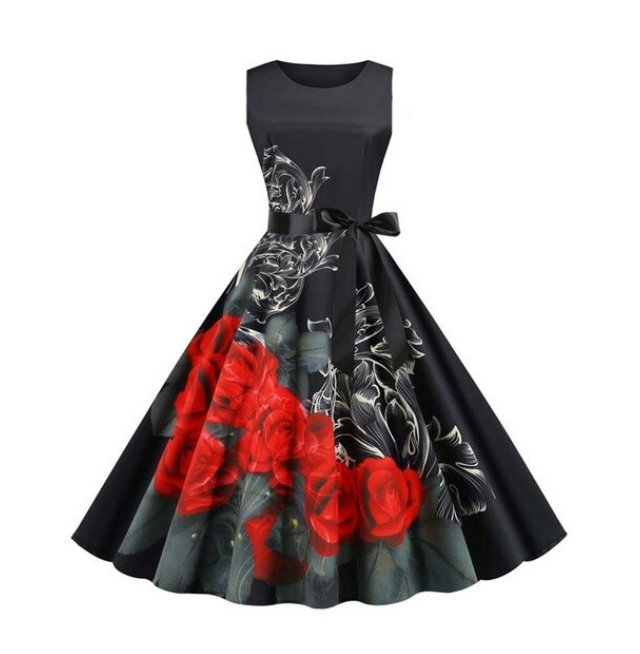Schwarzes, ausgestelltes Vintage-Kleid mit Blumenmuster