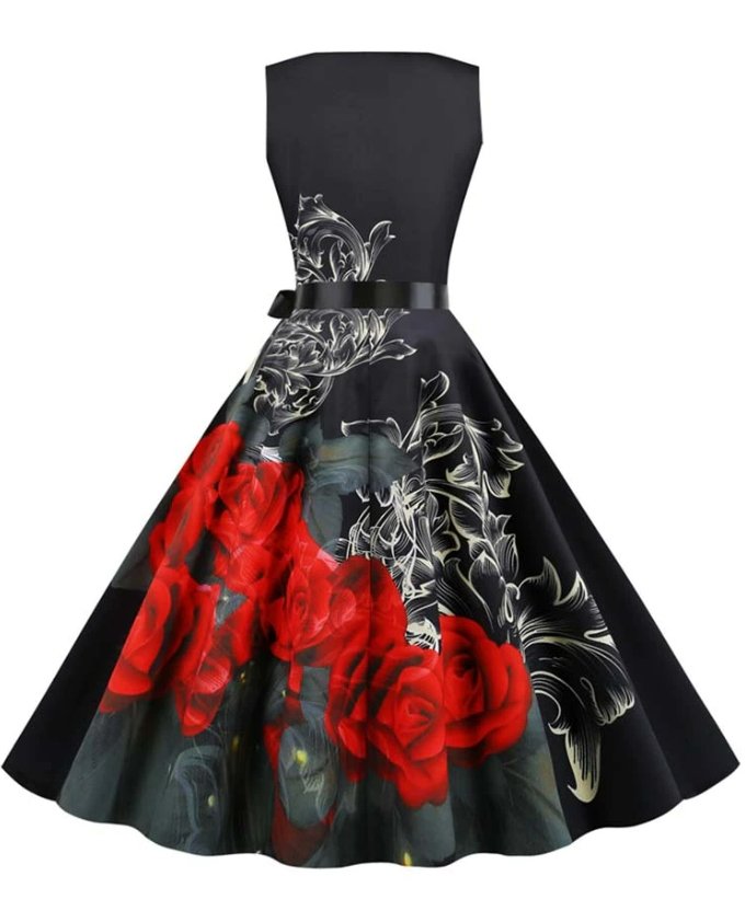 Schwarzes, ausgestelltes Vintage-Kleid mit Blumenmuster