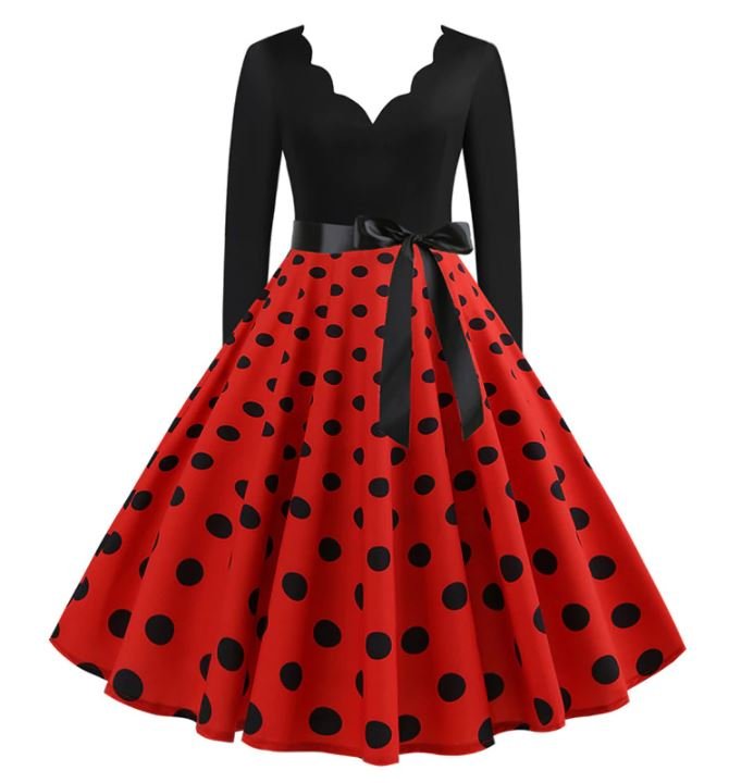 Rotes ausgestelltes Vintage-Kleid mit schwarzen Tupfen