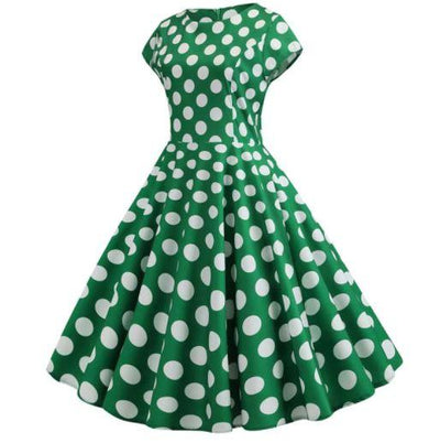 Ausgestelltes grünes Vintage-Kleid mit weißen Tupfen