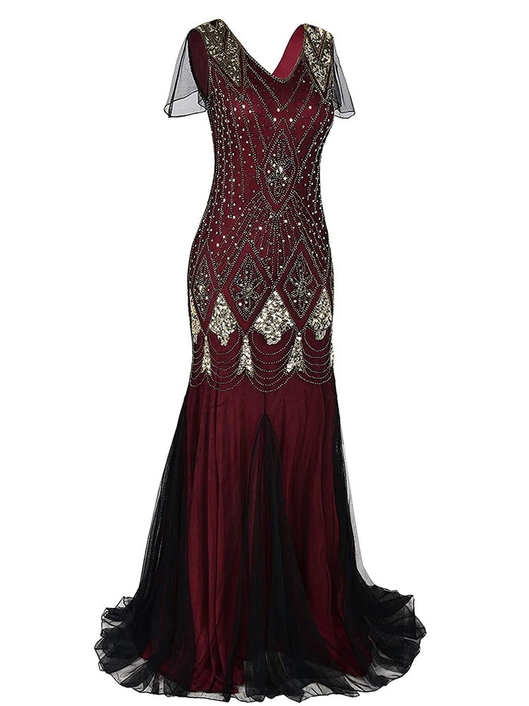 Burgunderrotes Haute Couture Langes Gatsby-Kleid