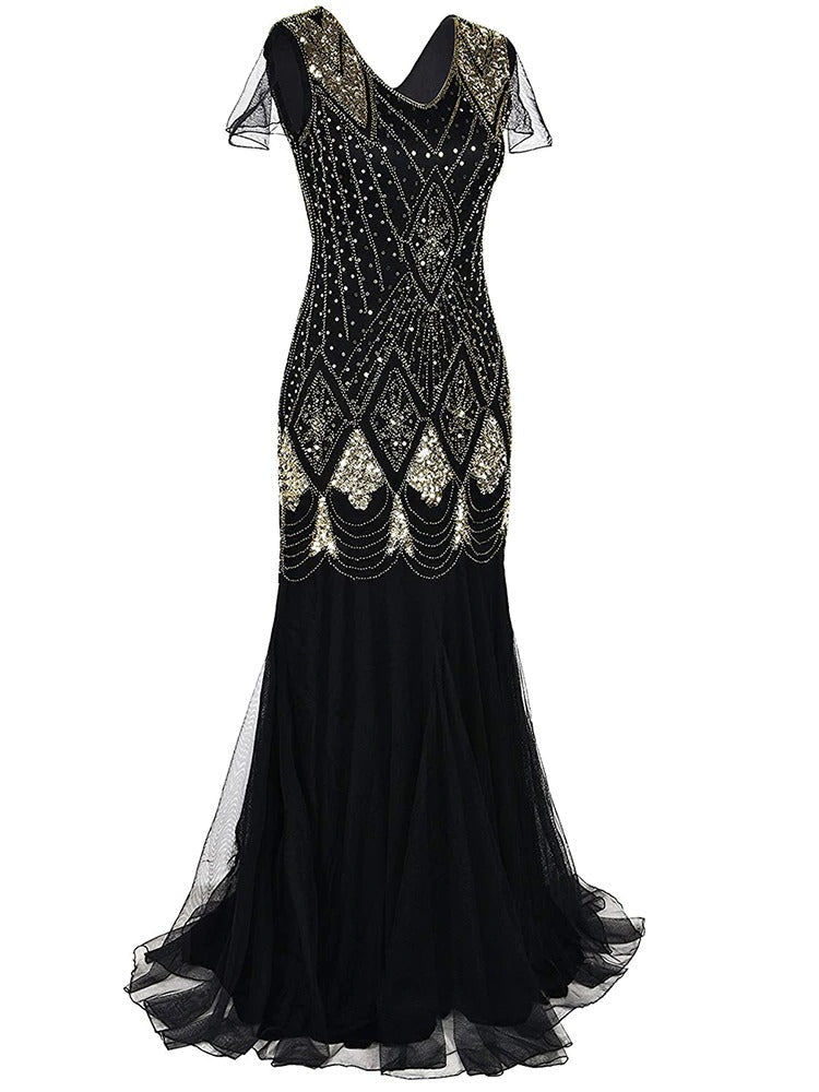 Schwarzes und goldenes Haute Couture Langes Gatsby-Kleid
