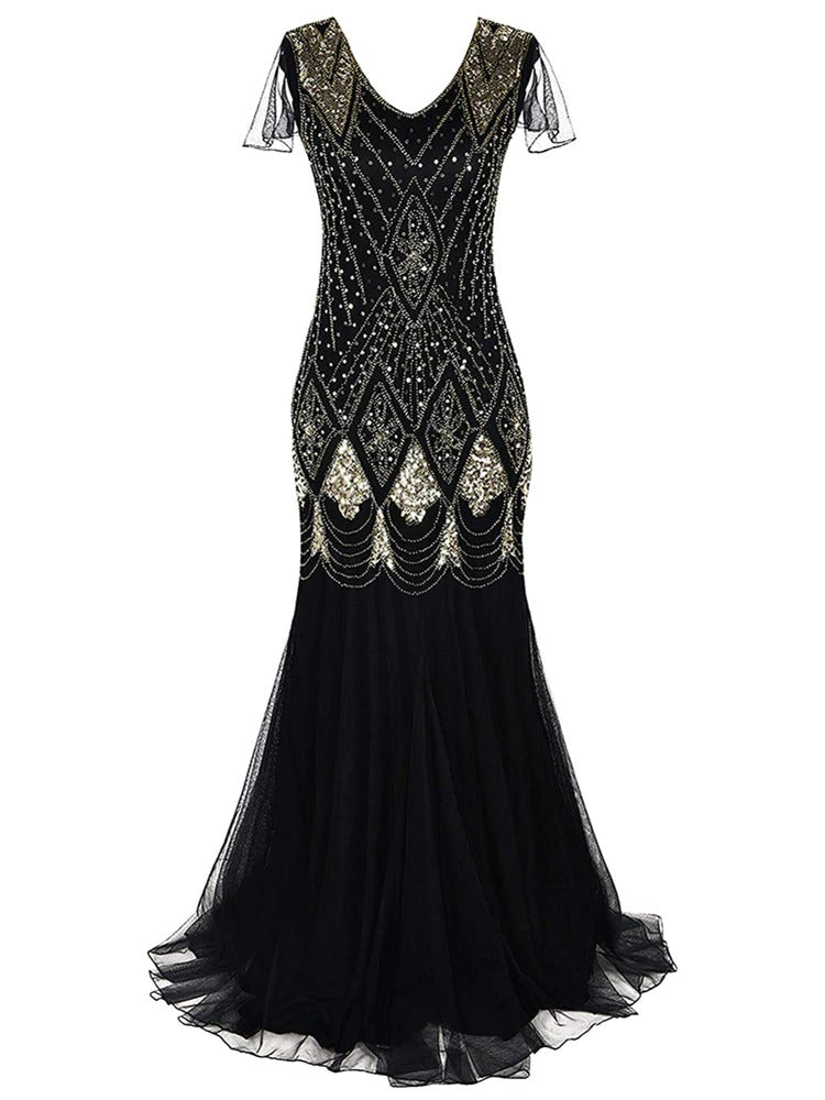 Schwarzes und goldenes Haute Couture Langes Gatsby-Kleid
