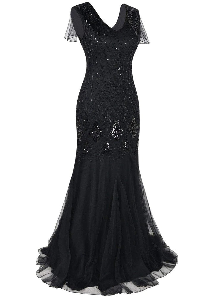 Schwarzes langes Gatsby-Kleid der Haute Couture