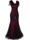 Burgunderrotes und schwarzes Haute Couture Langes Gatsby-Kleid