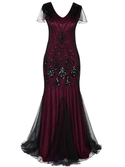 Burgunderrotes und schwarzes Haute Couture Langes Gatsby-Kleid