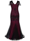 Burgunderrotes und schwarzes Haute Couture Langes Gatsby-Kleid