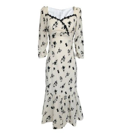 Khakifarbenes Vintage-Maxikleid mit Blumenmuster