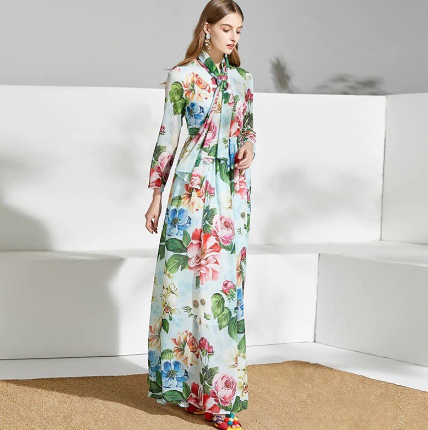 Grünes Vintage-Maxikleid mit Blumenmuster