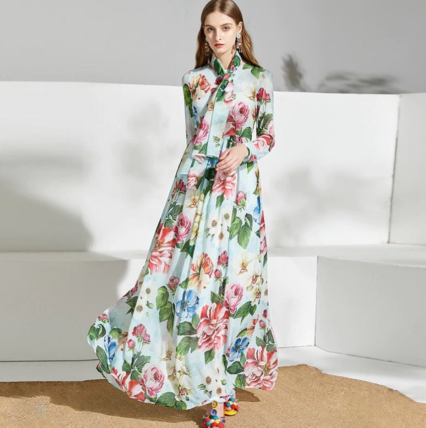 Grünes Vintage-Maxikleid mit Blumenmuster