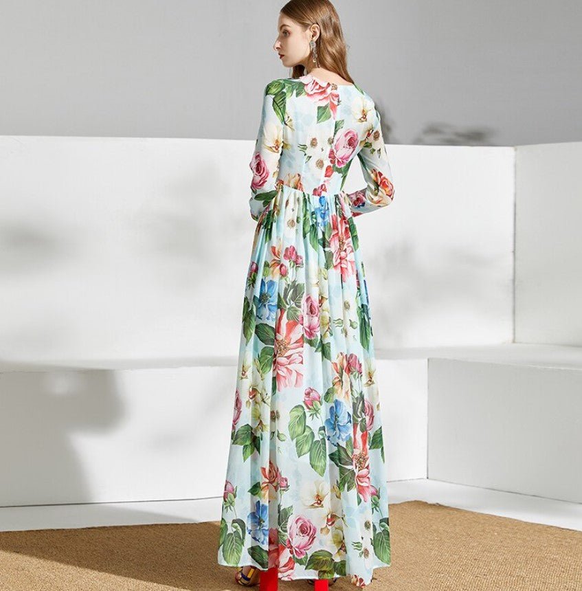 Grünes Vintage-Maxikleid mit Blumenmuster