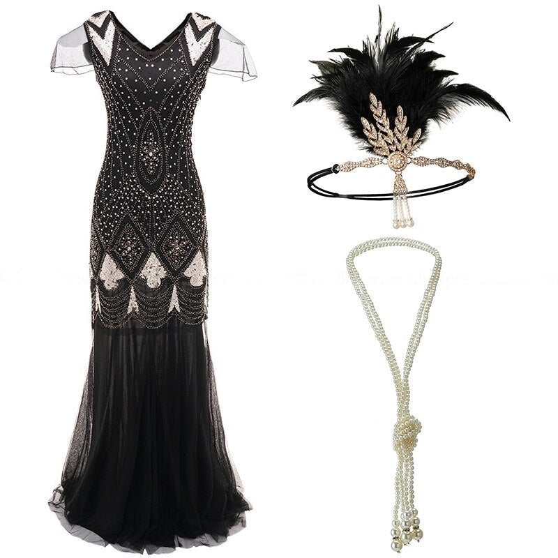 Schwarz-goldenes Maxikleid im Stil der 20er Jahre