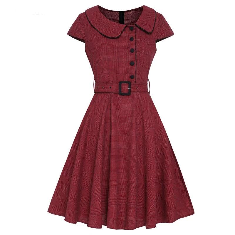 Burgunderrotes Kurzarm-Vintage-Kleid im 50er-Jahre-Stil