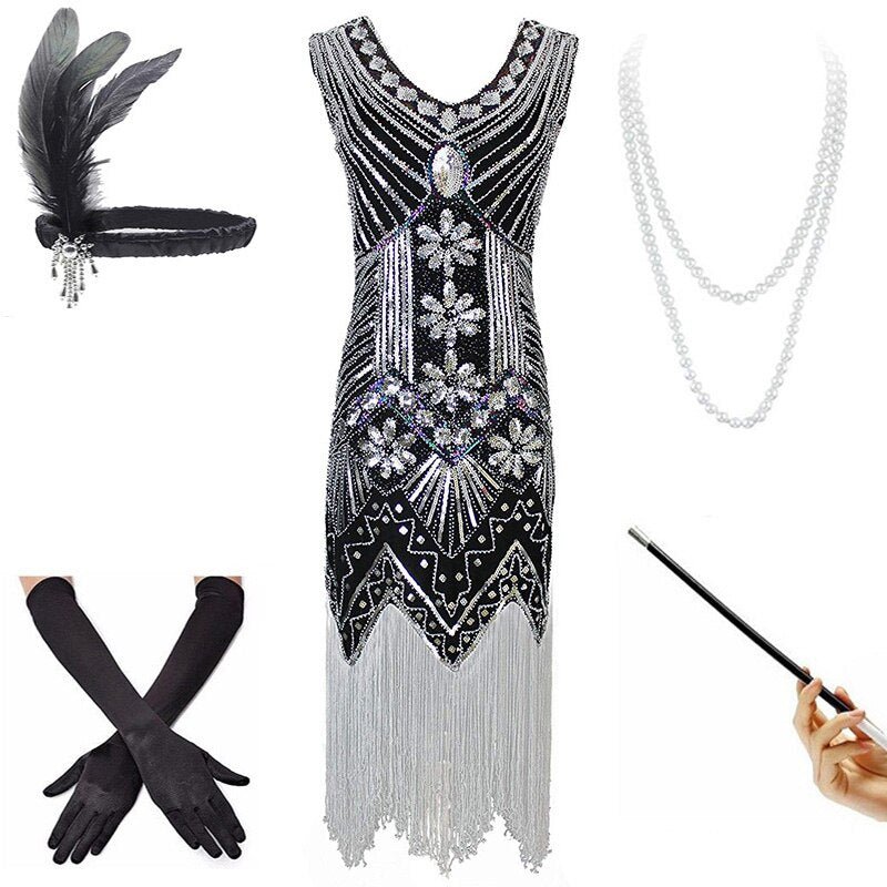 Vintage 1920er Jahre Kleid Silber Schwarz