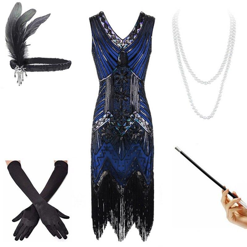 Schwarz-blaues Vintage-Kleid aus den 1920er Jahren