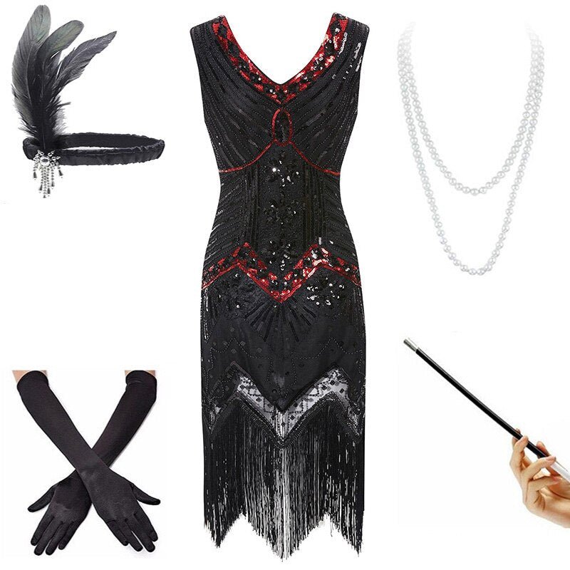 Rotes und schwarzes 20er-Jahre-Vintage-Kleid (mit Accessoires)