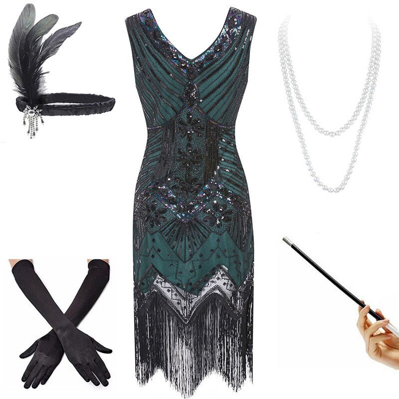 Vintage 1920er Kleid Grün Schwarz