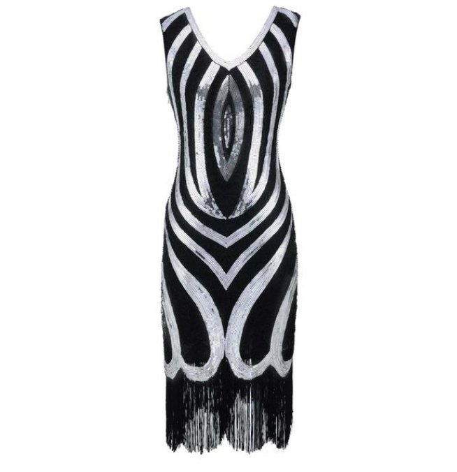 Schwarzes, mit Perlen verziertes Vintage-Kleid aus den 1920er Jahren