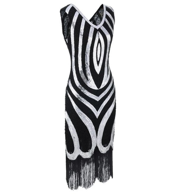 Schwarzes, mit Perlen verziertes Vintage-Kleid aus den 1920er Jahren