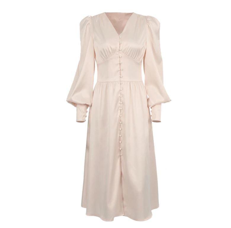 Beiges Satin-Vintage-Kleid aus den 1940er Jahren