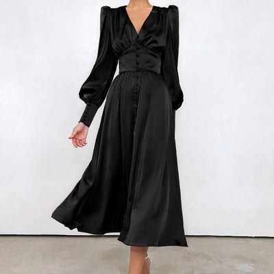 Schwarzes Satin-Vintage-Kleid aus den 1940er Jahren